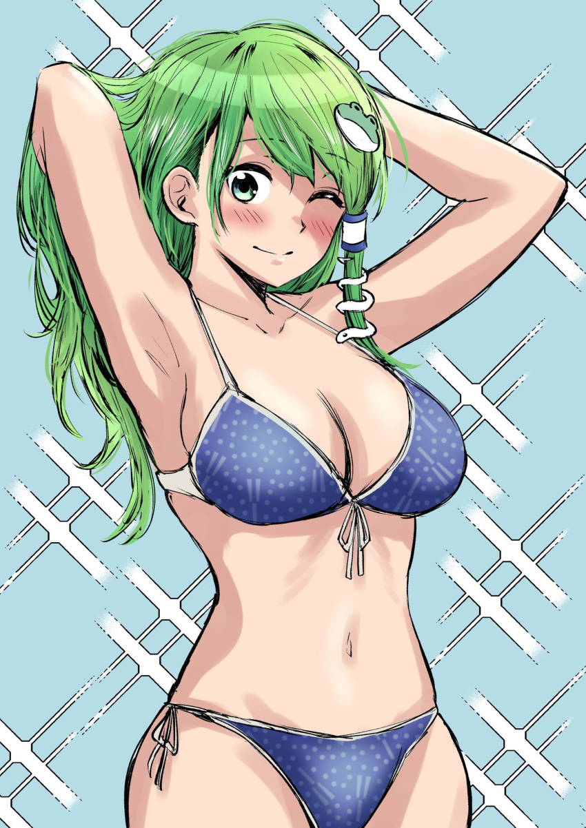 1girl armpits arms_behind_head bikini blue_background blue_bikini blush breasts cleavage frog_hair_ornament front-tie_bikini_top front-tie_top green_eyes green_hair hair_ornament hands_in_hair highres kochiya_sanae large_breasts long_hair looking_at_viewer navel one_eye_closed sen_(daydream_53) side-tie_bikini_bottom smile snake_hair_ornament solo sparkle_background standing stomach swimsuit touhou upper_body