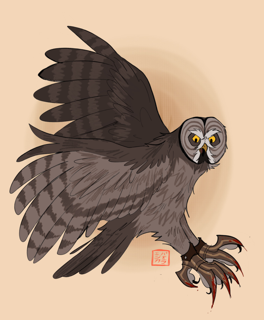 avian battle_claws bird blood bodily_fluids claws feathers feral flying great_grey_owl grey_body grey_feathers guardians_of_ga'hoole hi_res kabuki-aku male owl simple_background solo strix_(genus) toe_claws true_owl twilight_(gogh) yellow_eyes