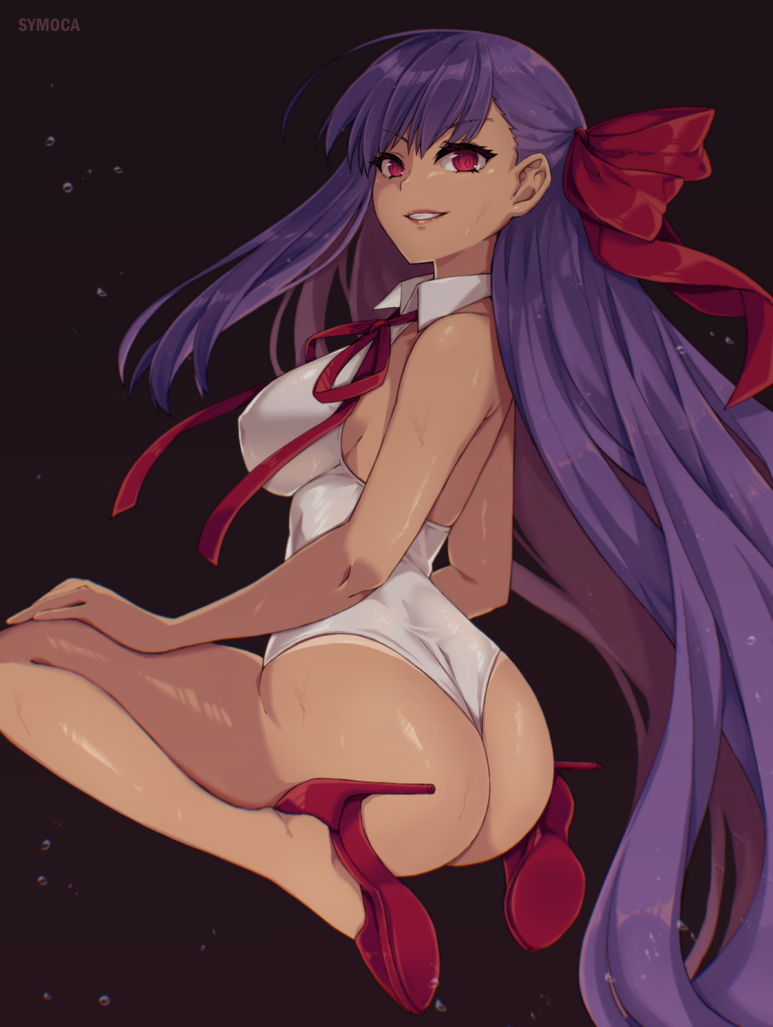 1girl ass bare_shoulders bb_(fate) bb_(swimsuit_mooncancer)_(fate) bb_(swimsuit_mooncancer)_(third_ascension)_(fate) breasts dark-skinned_female dark_skin fate/grand_order fate_(series) grin hair_ribbon high_heels highleg highleg_leotard highres large_breasts leotard long_hair looking_at_viewer neck_ribbon purple_hair red_eyes red_ribbon ribbon sitting smile solo symoca tan very_long_hair wariza white_leotard