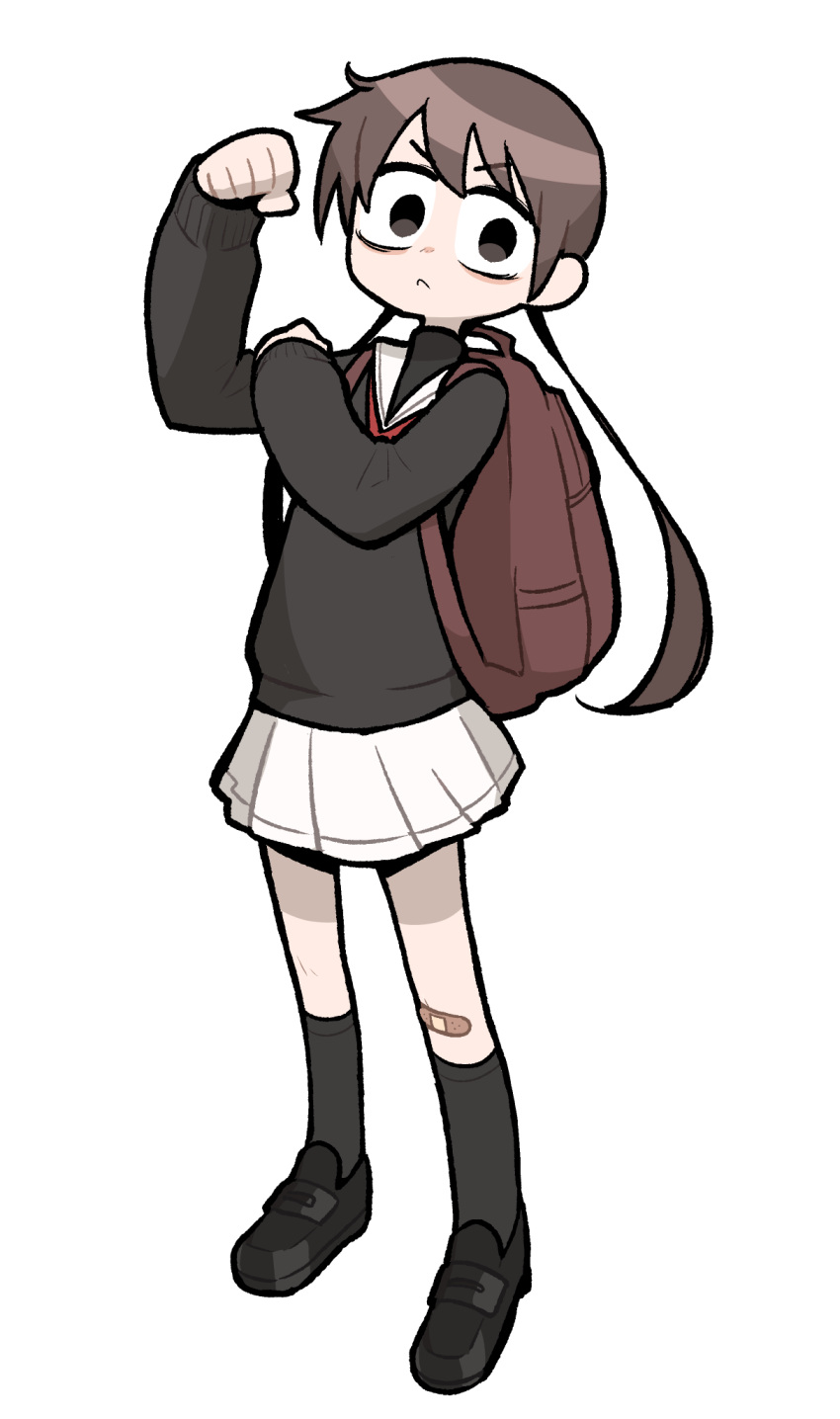 1girl :&lt; backpack bag bandaid bandaid_on_knee bandaid_on_leg black_eyes black_footwear black_shirt black_socks brown_hair clenched_hand flexing full_body hand_up highres kneehighs loafers long_hair long_sleeves looking_at_viewer low_twintails original sailor_collar shirt shoes simple_background skirt socks solo takurada twintails v-shaped_eyebrows white_background white_sailor_collar white_skirt wide-eyed