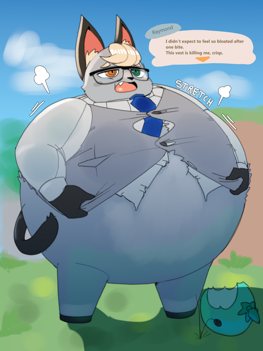 after_eating air_puff animal_crossing anthro belly belly_inflation big_belly biped black_tail bottomless button_(fastener) clothed clothing cute_fangs dialogue digital_drawing_(artwork) digital_media_(artwork) domestic_cat dress_shirt english_text eyewear featureless_crotch felid feline felis food fruit full-length_portrait glasses grass grey_body hair header_box heterochromia hi_res huge_belly hyper hyper_belly inflation inner_ear_fluff male mammal necktie nintendo open_mouth outside plant portrait puffed_cheeks raymond_(animal_crossing) shirt sky solo sound_effects standing straining_buttons suit tail tan_hair text text_box topwear torn_clothing torn_topwear tuft wearing_glasses