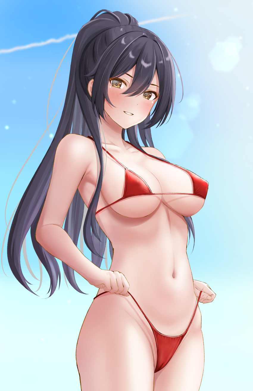 1girl absurdres armpits bare_shoulders bikini bikini_pull black_hair blue_sky blush breasts ca_paria cleavage clothes_pull commentary_request cowboy_shot day hair_between_eyes highleg highleg_bikini highres idolmaster idolmaster_shiny_colors large_breasts long_hair looking_at_viewer micro_bikini navel ponytail pulled_by_self shirase_sakuya sky smile solo stomach sunlight swimsuit yellow_eyes