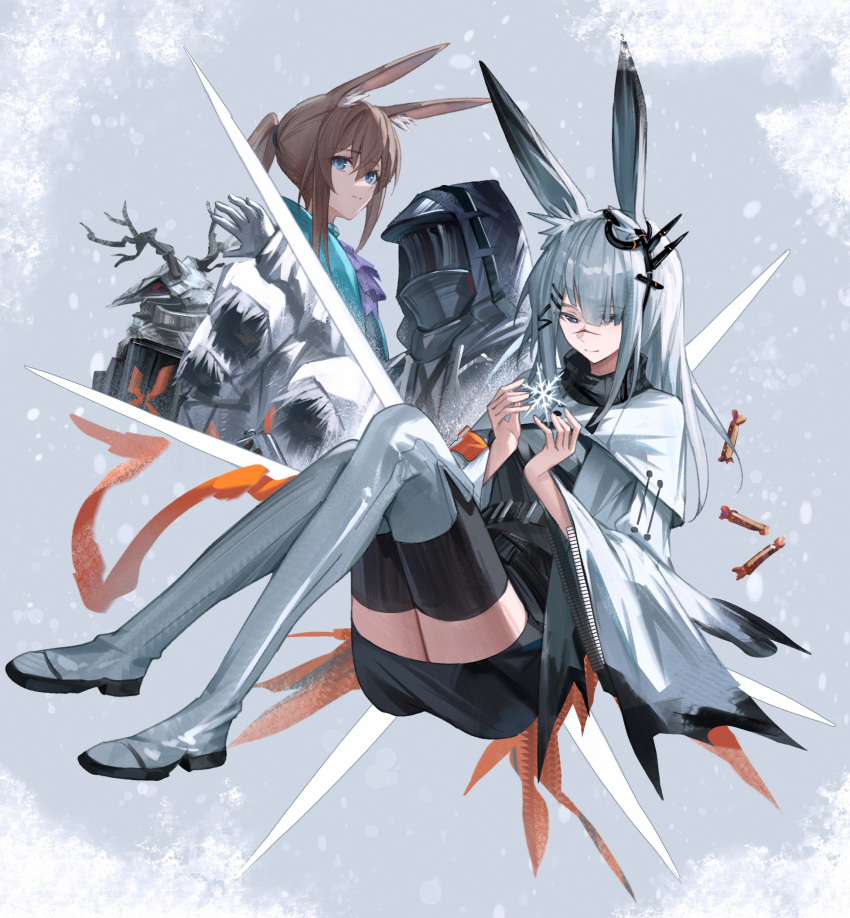 1boy 2girls 4others amiya_(arknights) animal_ears antlers arknights ascot black_jacket black_shirt black_shorts blue_ascot blue_eyes blue_shirt boots brown_hair candy coat commentary doctor_(arknights) food frostnova_(arknights) frown full_body grey_background grey_footwear grey_hair hand_up highres hood hood_up hooded_jacket horns jacket li2_su2 long_hair long_sleeves looking_at_viewer mask multiple_girls multiple_others patriot_(arknights) rabbit_ears scar scar_on_face scar_on_nose shirt shorts simple_background snowflakes thigh_boots thighs torn_clothes white_coat white_jacket yeti_caster_leader_(arknights)