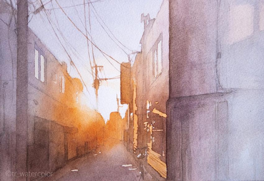 alley dappled_sunlight day highres no_humans original painting_(medium) plant power_lines road scenery street sunlight toyonaga_ryouhei traditional_media utility_pole