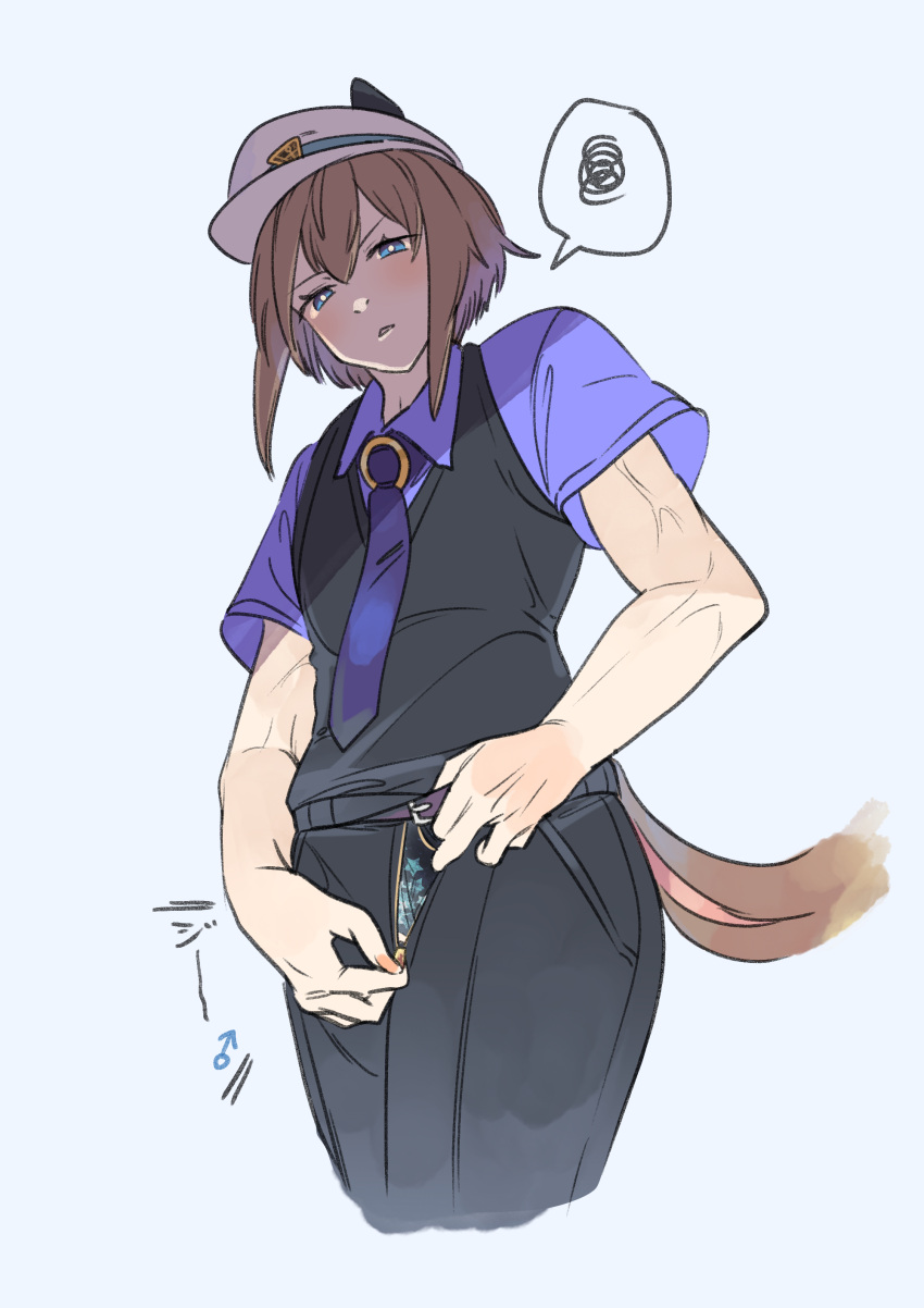 1boy absurdres animal_ears belt black_pants black_sweater_vest blue_eyes brown_belt brown_hair cheval_grand_(umamusume) commentary_request cowboy_shot doushi_tatsu_to_dekkai_no ear_covers genderswap genderswap_(ftm) hair_between_eyes highres horse_boy horse_ears horse_tail looking_at_viewer male_underwear mars_symbol necktie open_fly pants parted_lips print_male_underwear purple_necktie purple_shirt recursive_genderswap shirt short_hair short_sleeves solo spoken_squiggle spread_legs squiggle star_(symbol) sweater_vest tail umamusume underwear unzipped unzipping veins veiny_arms