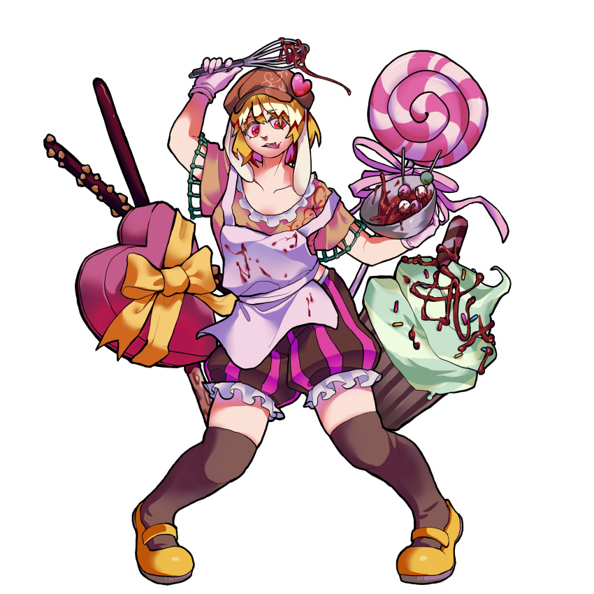 1girl absurdres animal_ears apron arm_over_head blonde_hair bowl brown_hat brown_shorts brown_thighhighs cabbie_hat cake_batter candy closed_mouth collarbone colored_inner_hair commentary_request cupcake dango floppy_ears floral_print food frilled_shirt frilled_shorts frills full_body gloves hat hat_ornament heart heart_hat_ornament highres holding holding_bowl holding_whip korean_commentary lollipop looking_at_viewer mary_janes midriff multicolored_hair open_mouth oversized_food oversized_object pink_eyes puffy_shorts rabbit_ears ringo_(touhou) sanshoku_dango shirt shoes short_hair short_sleeves shorts simple_background smile solo stain striped_clothes striped_shorts swirl_lollipop teeth thighhighs tongue touhou upper_teeth_only valentine vertical-striped_clothes vertical-striped_shorts wagashi waiwa_way white_apron white_background white_gloves yellow_footwear yellow_shirt yellow_sleeves