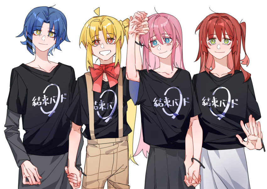 4girls ahoge asymmetrical_hair black_shirt black_skirt blonde_hair blue_eyes blue_hair bocchi_the_rock! bow bowtie bright_pupils cable cable_tail chinese_commentary closed_mouth commentary_request cowboy_shot gotoh_hitori green_eyes grin hair_ornament hairclip hand_up highres holding_hands ijichi_nijika interlocked_fingers kessoku_band_t-shirt kita_ikuyo layered_sleeves long_hair long_sleeves mechanical_tail molu_stranger multiple_girls one_side_up overalls pink_hair red_bow red_bowtie red_eyes red_hair shirt short_hair short_over_long_sleeves short_sleeves side_ponytail simple_background skirt smile tail white_background white_pupils white_skirt yamada_ryo yellow_eyes yuri