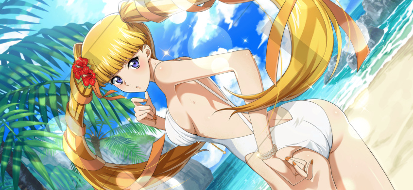 1girl adjusting_clothes adjusting_swimsuit artist_request ass backless_swimsuit bare_shoulders beach blonde_hair blue_eyes blue_sky blunt_bangs blurry blush bokeh breasts code_geass code_geass:_lost_stories cowboy_shot day depth_of_field dutch_angle flower from_behind game_cg hair_flower hair_ornament hair_ribbon hand_up hibiscus highres leaning_forward long_hair looking_at_viewer looking_back medium_breasts monica_kruszewski nail_polish non-web_source ocean official_art one-piece_swimsuit orange_nails orange_ribbon outdoors palm_tree parted_lips red_flower ribbon sand shiny_skin sideboob sky solo sparkle standing sweat swimsuit teeth thighs tree twintails very_long_hair viewfinder white_one-piece_swimsuit