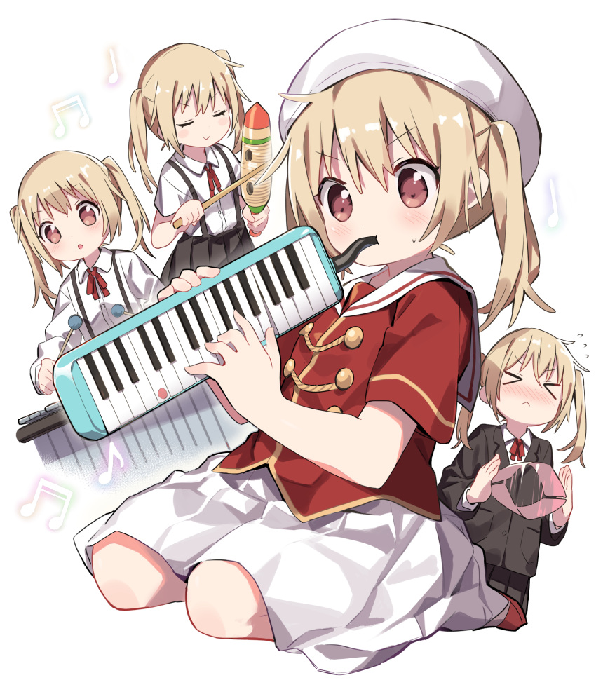 &gt;_&lt; 1girl band_uniform beret black_jacket black_skirt blonde_hair blush buttons child cloneko_(zelmeledf2) closed_eyes closed_mouth collared_shirt commentary drumsticks eighth_note flying_sweatdrops gold_trim guiro hat highres holding holding_drumsticks holding_instrument instrument jacket keyboard_(instrument) kneeling knees long_sleeves marching_band marimba melodica multiple_views music musical_note neck_ribbon oomuro-ke open_mouth playing_instrument pleated_skirt red_eyes red_footwear red_jacket red_ribbon ribbon sailor_collar school_uniform shirt short_sleeves simple_background skirt smile standing suspender_skirt suspenders sweatdrop takasaki_misaki_(yuru_yuri) tassel twintails v-shaped_eyebrows white_background white_hat white_sailor_collar white_shirt white_skirt yuru_yuri