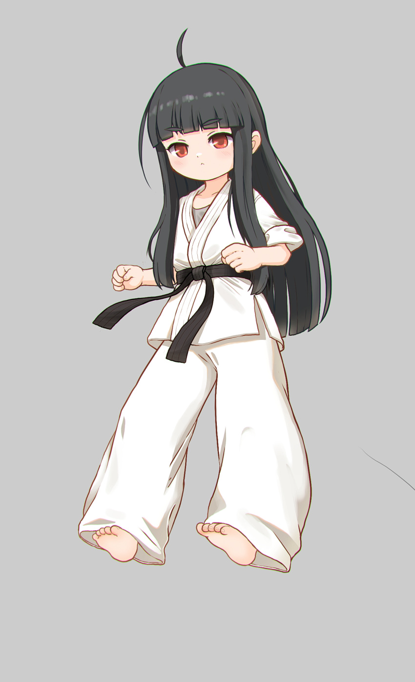 1girl ahoge barefoot belt black_belt black_hair blunt_bangs clenched_hand closed_mouth commentary_request dougi full_body grey_background highres kuma-bound light_frown long_hair looking_at_viewer martial_arts_belt original pants red_eyes simple_background soles solo standing toes white_pants