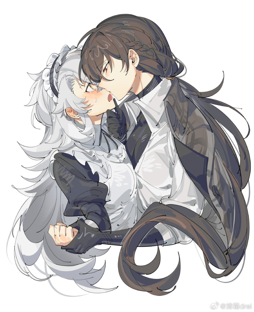 2girls black_hair blush braid commission cropped_torso fang french_braid gepard_m1_(contracted_today)_(girls'_frontline) gepard_m1_(girls'_frontline) girls'_frontline hand_on_another's_chin highres holding_hands long_hair looking_at_another messy_hair mondragon_m1908_(girls'_frontline) mondragon_m1908_(repairer_of_destinies)_(girls'_frontline) multiple_girls open_mouth red_eyes simple_background third-party_source upper_body weibo_username white_background white_hair yellow_eyes yuri zocehuy