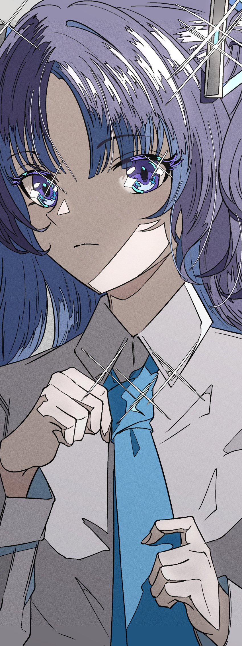 1girl absurdres adjusting_clothes adjusting_necktie blue_archive blue_necktie closed_mouth collared_shirt dress_shirt grey_background hands_up highres long_hair long_sleeves looking_at_viewer natsugu72 necktie purple_eyes purple_hair shirt solo sparkle upper_body white_shirt yuuka_(blue_archive)