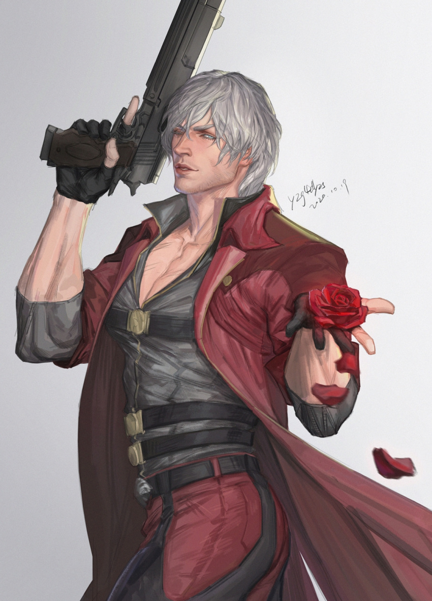 1boy backless_pants bishounen blue_coat blue_eyes coat cowboy_shot dante_(devil_may_cry) devil_may_cry_(series) devil_may_cry_4 facial_hair fingerless_gloves flower gloves gun hand_up handgun highres holding holding_gun holding_weapon looking_at_viewer male_focus mature_male one_eye_closed pants pectorals red_coat red_flower red_rose rose simple_background solo trench_coat upper_body vaness_fu weapon white_hair