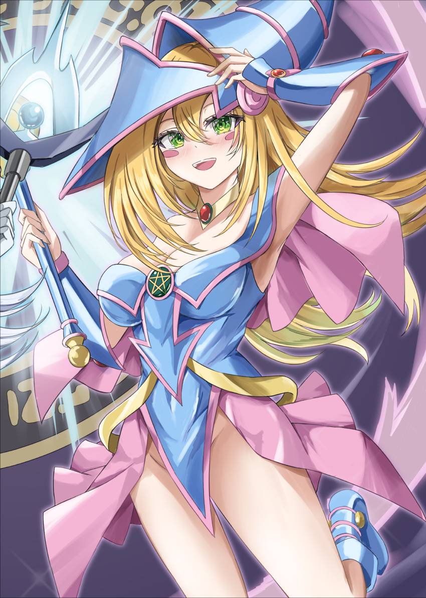 2girls absurdres blonde_hair blue_dress blue_hat blush_stickers breasts capelet cleavage dark_magician_girl dress duel_monster green_eyes hat highres holding holding_wand long_hair magic_circle misakura_aoi multiple_girls off-shoulder_dress off_shoulder out_of_frame pelvic_curtain pink_capelet pink_skirt revealing_clothes showgirl_skirt silent_magician skirt smile wand witch_hat yu-gi-oh!