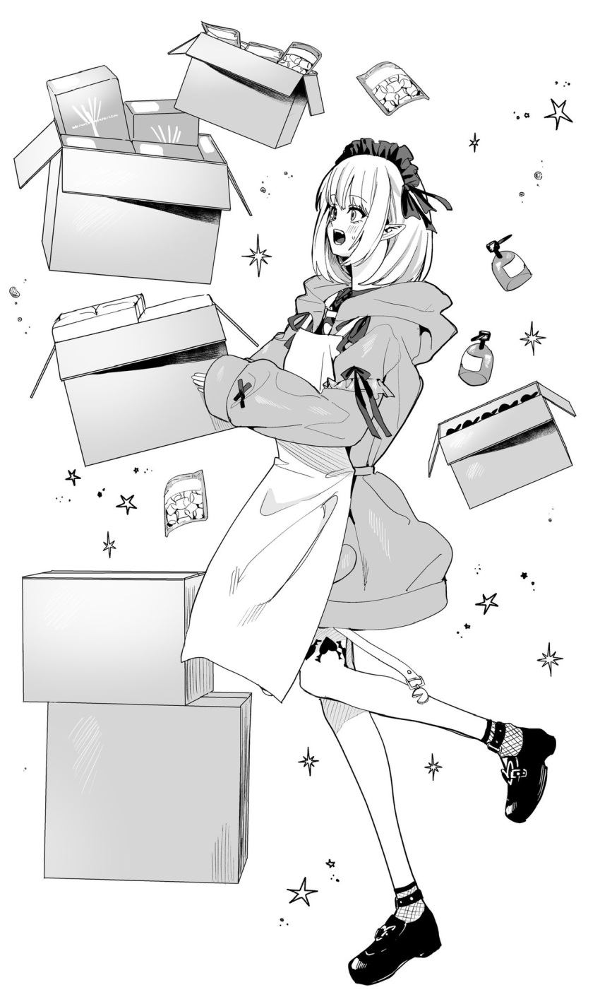 1girl apron betti_(maron) blush box cardboard_box full_body greyscale highres hood hoodie maid_headdress makaino_ririmu monochrome nijisanji open_mouth pointy_ears short_hair solo virtual_youtuber