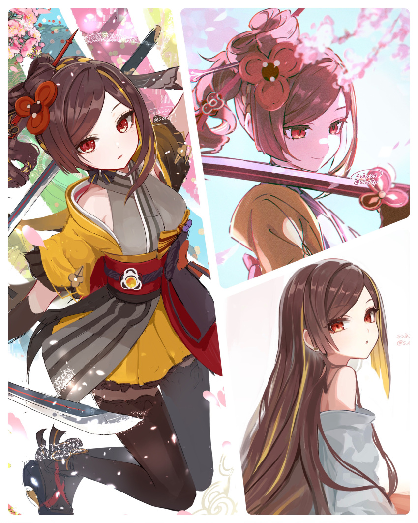 1girl absurdres alternate_hairstyle asymmetrical_sidelocks chiori_(genshin_impact) choker drill_hair drill_ponytail earmuffs earmuffs_around_neck gaiters genshin_impact grey_kimono hair_ornament hair_stick heel-less_heels highres japanese_clothes kimono midorinokaibutu4500 pantyhose red_sash ribbon_choker sash short_kimono solo thighhigh_gaiters thighhighs thighhighs_over_pantyhose yellow_kimono