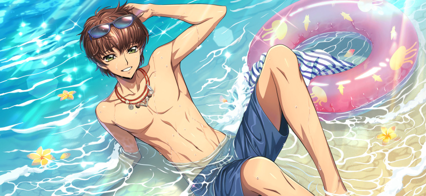 1boy arm_support arm_up armpits artist_request blue-framed_eyewear blue-tinted_eyewear blue_male_swimwear blue_shirt brown_hair code_geass code_geass:_lost_stories collarbone drawstring eyewear_on_head flower game_cg green_eyes grin half-closed_eyes hand_on_own_head happy highres innertube knees_up kururugi_suzaku leaning_back lens_flare light_rays looking_at_viewer male_focus male_swimwear multiple_necklaces navel non-web_source official_art partially_submerged pectorals shirt short_hair sidelocks sitting smile solo sparkle stomach striped_clothes striped_shirt sunglasses sunlight swim_ring swim_trunks teeth tinted_eyewear toned topless_male unworn_shirt wet yellow_flower