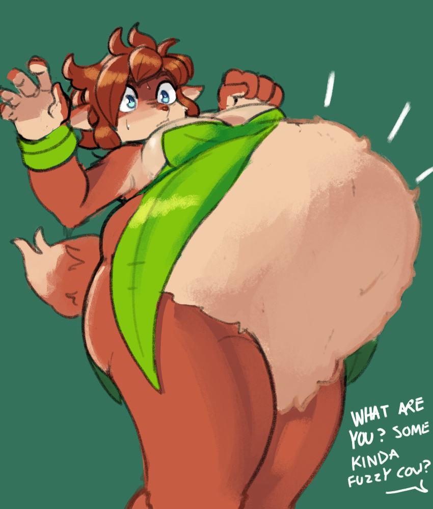 2021 activision anthro belly belly_expansion big_belly biped blue_eyes bodily_fluids bottomless bovid breasts brown_body brown_fur brown_hair caprine cleavage clothed clothing dialogue dipstick_tail elora english_text expansion faun_(spyro) featureless_crotch female fur fuzzy green_background hair hi_res huge_belly leaf_clothing low-angle_view mammal markings medium_breasts nuumatic offscreen_character portrait simple_background solo speech_bubble spyro_the_dragon standing sweat tail tail_markings tan_body tan_fur text thick_thighs three-quarter_portrait topwear wide_eyed wristband