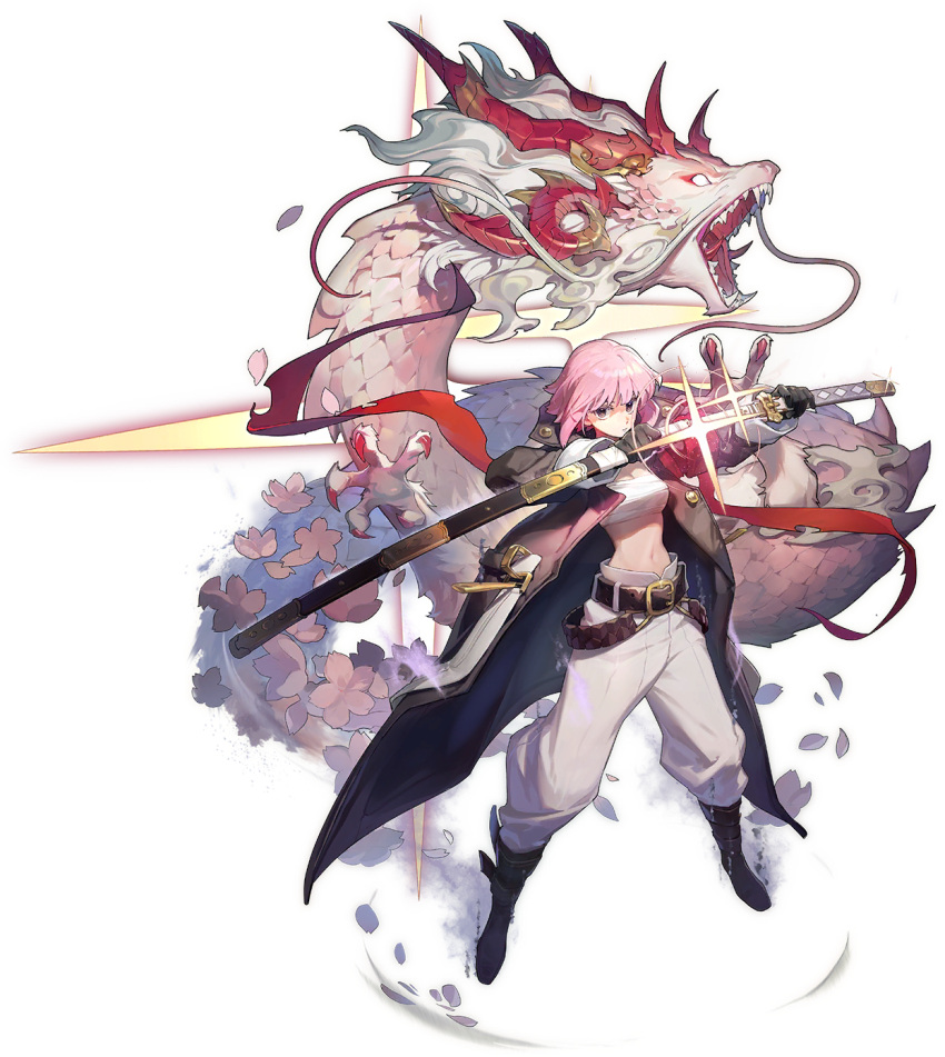 1girl alchemy_stars artist_request bandeau bangs belt black_belt black_footwear black_gloves boots breasts cherry_blossoms chest_sarashi coat dragon drawing_sword eastern_dragon gloves highres hiiro_(alchemy_stars) holding holding_sword holding_weapon katana midriff navel official_art open_clothes open_coat pants pink_eyes pink_hair sarashi scabbard sheath short_hair small_breasts solo standing stomach strapless sword transparent_background tube_top unsheathing weapon white_pants