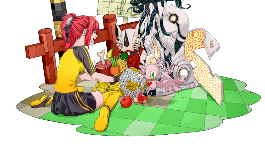 1girl 3others absurdres aiba_ami angel_wings apple armor banana bandai black_skirt black_sleeves blue_eyes blush boned_meat boots breasts cape carrot digimon digimon_(creature) digimon_story:_cyber_sleuth digitama eater_(digimon) eater_adam egg floating food fruit full_body gloves goggles goggles_on_head hackmon_(digimon) hair_ornament happy highres horns marinangemon meat miniskirt multiple_others neo_gra1x6 pineapple pleated_skirt ponytail raglan_sleeves red_apple red_hair sanada_arata shirt side_ponytail sitting skirt smile t-shirt thigh_boots thighhighs wariza wings yellow_eyes yellow_shirt yellow_thighhighs zettai_ryouiki