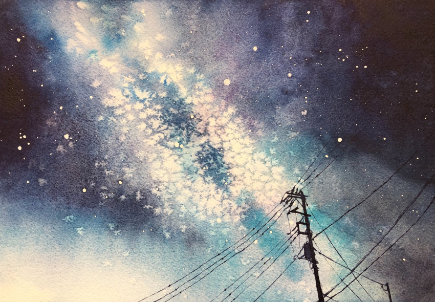 highres night night_sky no_humans original painting_(medium) power_lines scenery sky sky_focus star_(sky) starry_sky toyonaga_ryouhei traditional_media utility_pole watercolor_(medium)