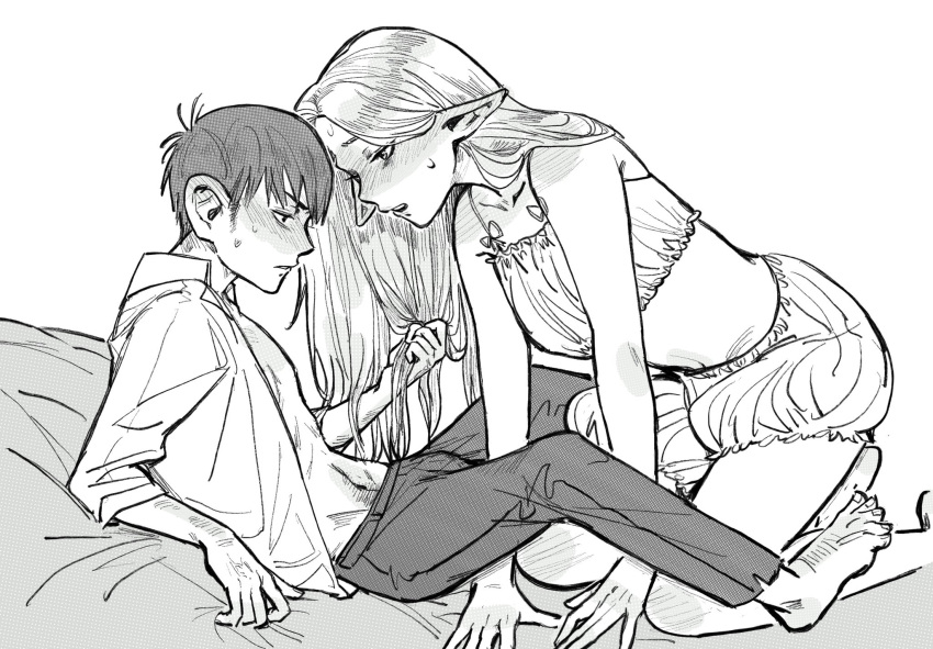 1boy 1girl barefoot bed_sheet bloomers blush camisole chilchuck_tims collared_shirt commentary couple crop_top dress_shirt dungeon_meshi ear_blush ears_down elf english_commentary from_side greyscale halfling hetero highres jiang1818 kneeling large_ears long_hair marcille_donato midriff monochrome navel on_bed open_clothes open_shirt pants parted_lips pointy_ears profile reclining shirt short_hair sideburns sleeves_rolled_up sweat