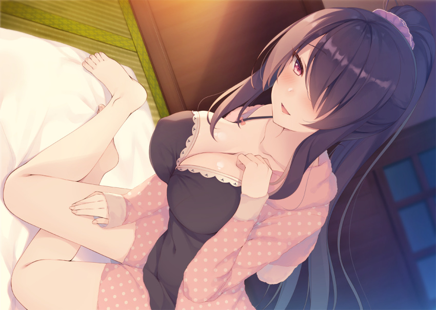 1girl :d aotsu_karin bare_legs barefoot bed_sheet black_hair blush breasts camisole cleavage commentary_request covered_navel hair_over_one_eye hand_on_own_chest indoors large_breasts long_hair long_sleeves looking_at_viewer on_bed open_mouth open_pajamas original pajamas pink_eyes pink_shorts polka_dot polka_dot_pajamas ponytail shorts sidelocks sitting smile solo very_long_hair yokozuwari yotsuya_kanade