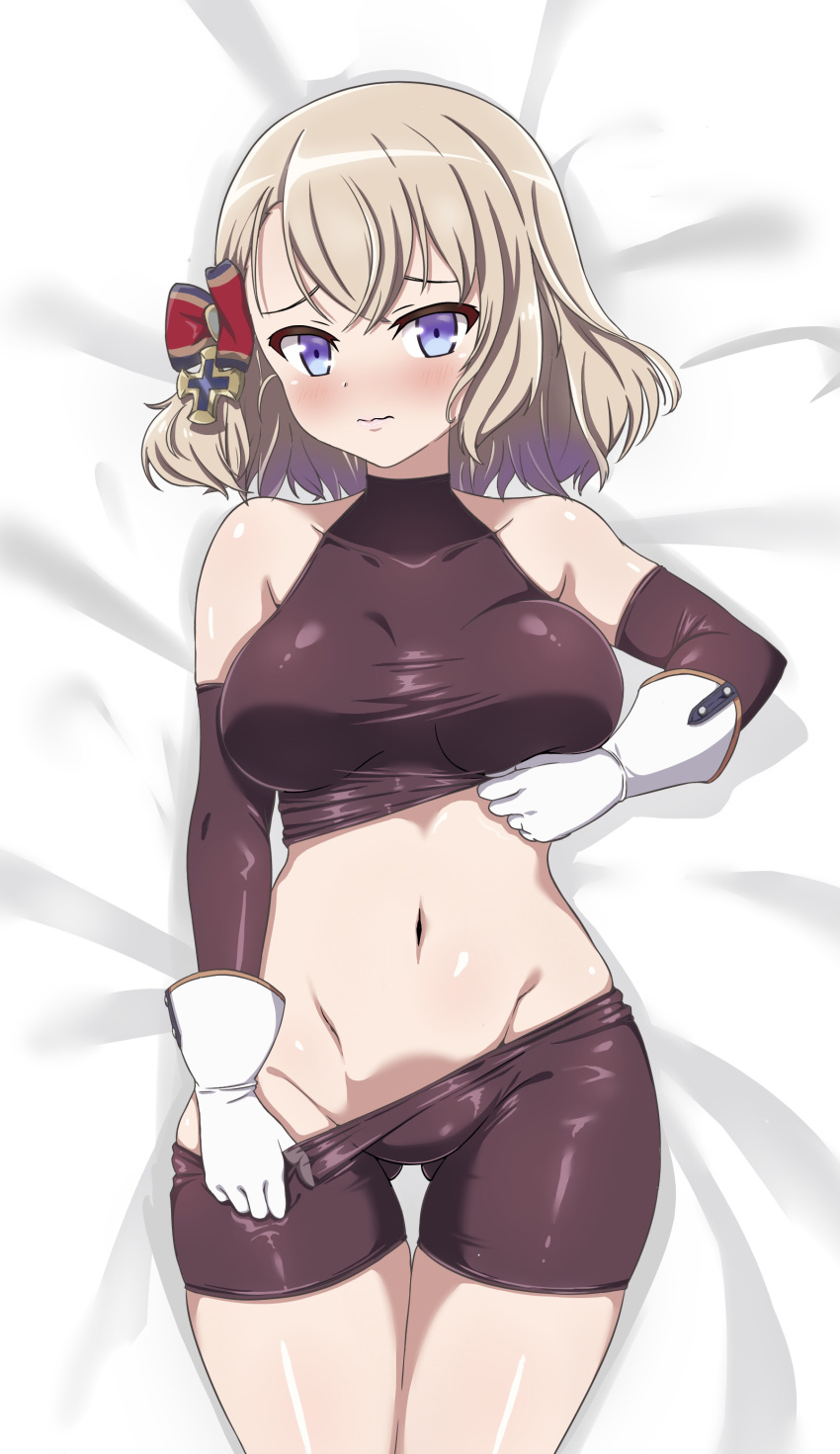 1girl absurdres ass_visible_through_thighs azur_lane bangs bare_shoulders bed_sheet bike_shorts bike_shorts_pull black_gloves blonde_hair blue_eyes blush bodystocking bow breasts closed_mouth commentary_request covered_collarbone cowboy_shot cross crossed_bangs elbow_gloves eyebrows_behind_hair furrowed_brow gloves groin hair_between_eyes hair_bow hair_ornament highres iron_cross large_breasts lifted_by_self looking_at_viewer lying macaroni_(dontakadx) medium_hair navel on_back pulled_by_self shadow sidelocks skindentation sleeveless solo stomach striped striped_bow taut_clothes thigh_gap wavy_mouth white_gloves z23_(azur_lane)