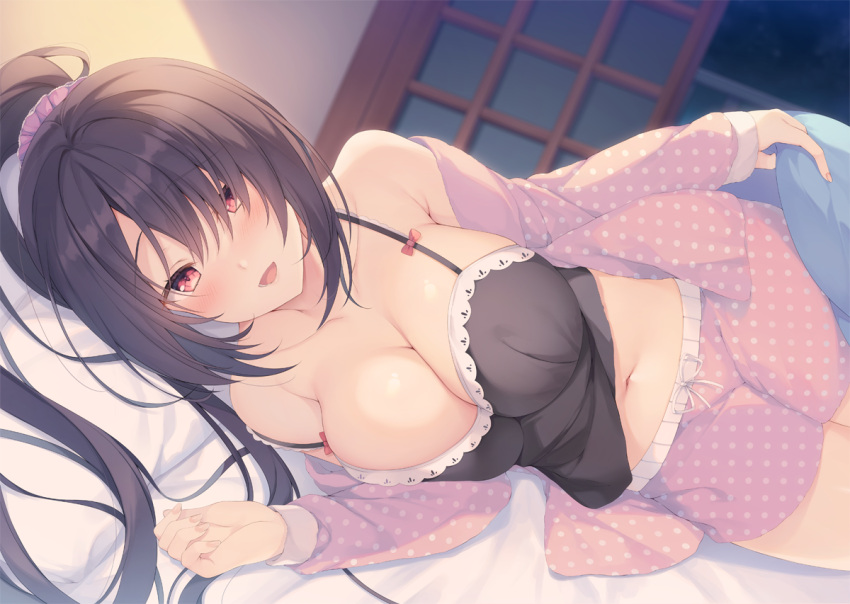 1girl :d aotsu_karin bare_shoulders bed_sheet black_hair breasts camisole cleavage commentary_request eyebrows_visible_through_hair hair_over_one_eye indoors large_breasts long_hair long_sleeves looking_at_viewer lying navel night off_shoulder on_bed on_side open_mouth open_pajamas original pajamas pink_eyes pink_shorts polka_dot polka_dot_pajamas ponytail red_ribbon ribbon shorts smile solo very_long_hair yotsuya_kanade