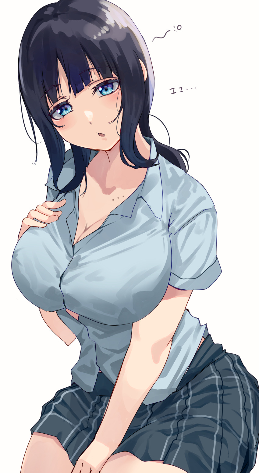 1girl absurdres asaka_karin bangs black_hair blue_eyes blue_hair blush breasts cleavage commentary_request eyebrows_visible_through_hair highres large_breasts long_hair love_live! love_live!_nijigasaki_high_school_idol_club mole namazu_(yamasonson) open_mouth shirt simple_background skirt smile solo white_background