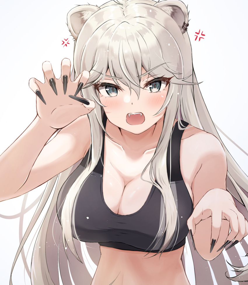 1girl :o anger_vein animal_ears bangs black_nails blush breasts claw_pose cleavage commentary_request earrings eyebrows_visible_through_hair fangs fingernails grey_eyes hair_between_eyes highres hololive jewelry large_breasts lion_ears lion_girl long_fingernails long_hair open_mouth sharp_fingernails shishiro_botan silver_hair simple_background solo sports_bra suicabar72 upper_body virtual_youtuber white_background