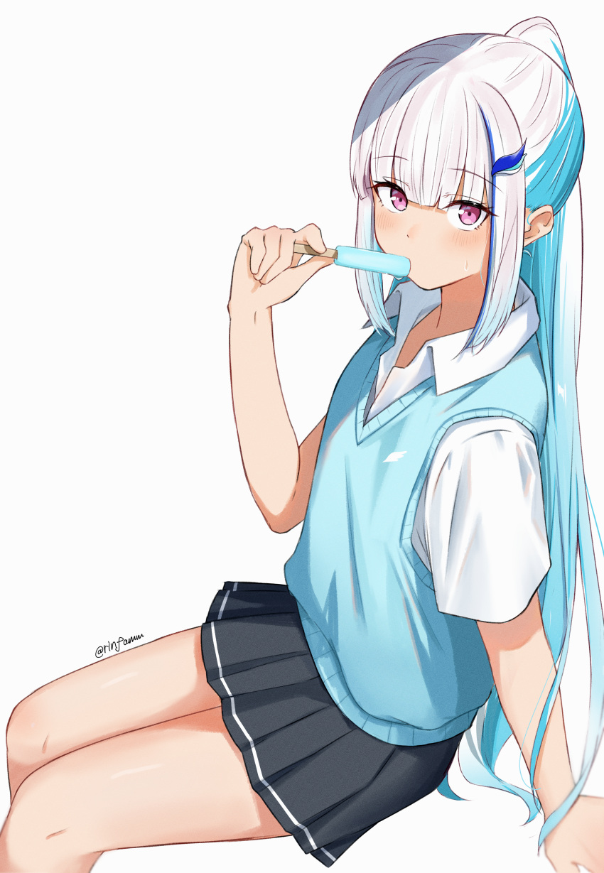 1girl absurdres black_skirt blue_hair blue_vest blush collared_shirt commentary eating eyebrows_visible_through_hair eyelashes feet_out_of_frame flat_chest food grey_background hair_ornament half_updo highres holding holding_food legs_together light_blue_hair lize_helesta long_hair looking_at_viewer miniskirt multicolored_hair nijisanji pleated_skirt ponytail popsicle purple_eyes rinfamm shirt short_sleeves silver_hair simple_background sitting skirt solo streaked_hair sweat sweatdrop thighs twitter_username vest virtual_youtuber white_shirt wing_collar