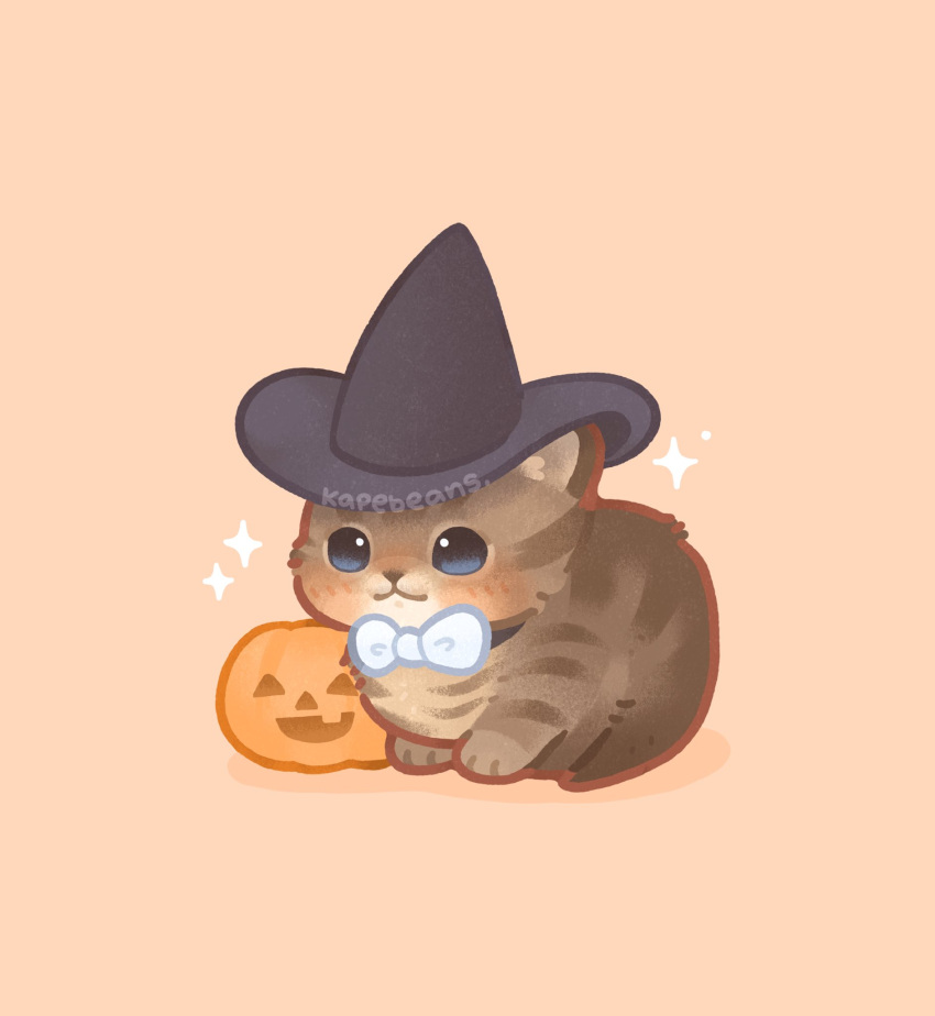 animal animal_focus artist_name black_headwear blue_eyes blush bow bowtie brown_cat cat clothed_animal hat highres kapebeansies no_humans orange_background original photo-referenced pumpkin simple_background sparkle watermark white_bow witch_hat