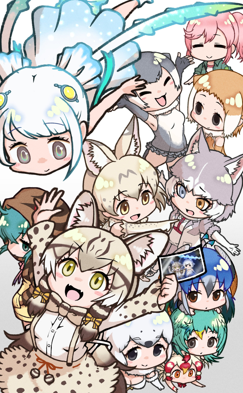 6+girls ^_^ absurdres animal_ears arms_up bird_wings black_eyes blonde_hair blue_eyes blue_hair bow bowtie brown_eyes brown_hair cat_ears chibi chicken_(kemono_friends) closed_eyes closed_mouth colored_inner_hair dog_(mixed_breed)_(kemono_friends) dress dress_shirt elbow_gloves empty_eyes extra_ears eyebrows_visible_through_hair facing_another fangs fingerless_gloves floating fur_collar furrowed_brow geoffroy's_cat_(kemono_friends) gloves green_eyes green_hair grey_eyes grey_hair hair_between_eyes hair_bow hair_ornament hand_in_pocket harness harp_seal_(kemono_friends) head_wings heterochromia highres holding holding_photo hood hood_up hoodie hoshino_mitsuki jacket japanese_otter_(kemono_friends) kemono_friends long_hair looking_at_another lying_on_person medium_hair multicolored_hair multiple_girls nana_(kemono_friends) one-piece_swimsuit open_mouth orange_eyes otter_ears outstretched_arm outstretched_arms peafowl_(kemono_friends) photo_(object) pink_hair pocket pointing_at_another ponytail red_hair resplendent_quetzal_(kemono_friends) shirt sidelocks silver_hair simple_background skirt skyfish_(kemono_friends) small-clawed_otter_(kemono_friends) smile standing striped striped_hoodie suspender_skirt suspenders swimsuit tsuchinoko_(kemono_friends) twintails white_background white_hair white_serval_(kemono_friends) wings yellow_eyes