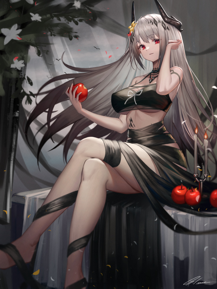 1girl absurdres apple arknights bangs bare_shoulders bikini black_bikini black_choker breasts candle choker commentary crossed_legs eyebrows_visible_through_hair flower food fruit hair_flower hair_ornament hand_up highres holding holding_food holding_fruit horns infection_monitor_(arknights) ioriwu8 jewelry large_breasts long_hair looking_at_viewer mudrock_(arknights) mudrock_(silent_night)_(arknights) navel necklace official_alternate_costume oripathy_lesion_(arknights) parted_lips red_eyes silver_hair sitting solo stomach swimsuit thighs very_long_hair yellow_flower