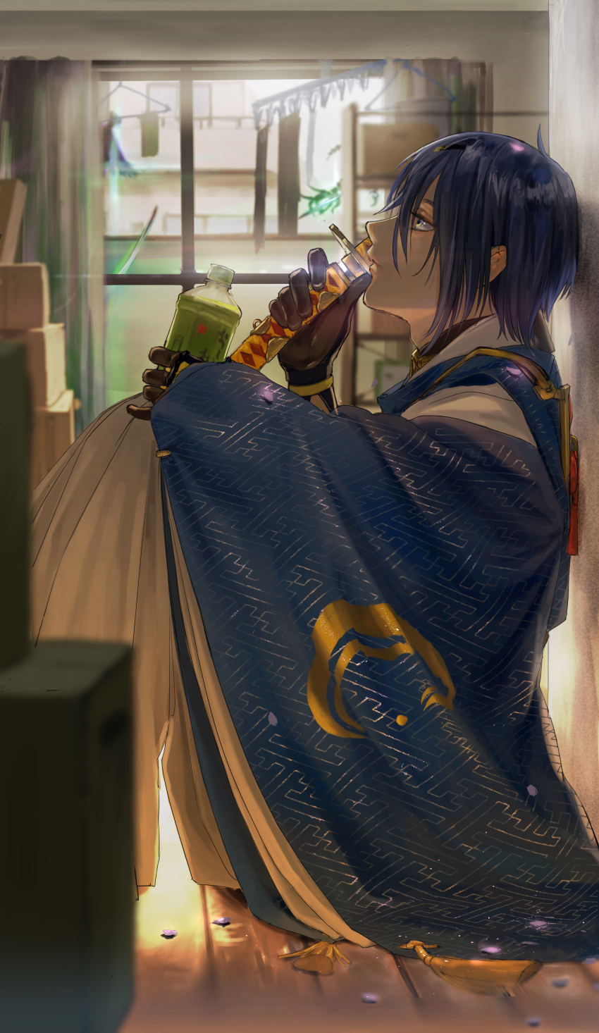 1boy absurdres black_gloves blue_hair bottle from_side gloves hakama hataya highres holding holding_sword holding_weapon indoors japanese_clothes katana long_sleeves looking_up male_focus mikazuki_munechika on_floor pinky_out profile sitting solo sword tassel tea touken_ranbu weapon white_hakama wide_sleeves