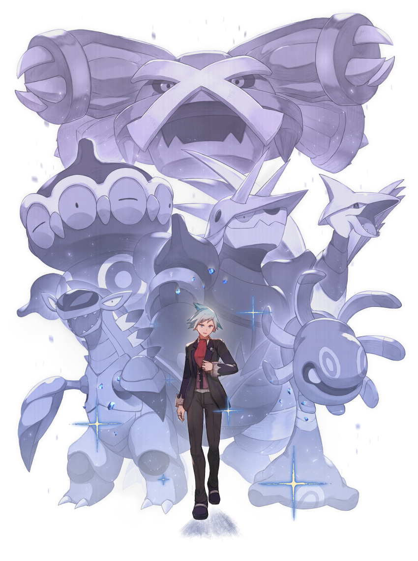 1boy absurdres aggron armaldo bangs belt blue_hair claydol collared_shirt commentary_request cradily grey_eyes highres jacket jewelry long_sleeves male_focus metagross odd_(hin_yari) open_mouth pants pokemon pokemon_(creature) pokemon_(game) pokemon_oras purple_vest red_neckwear ring shirt short_hair skarmory smile sparkle standing steven_stone vest white_shirt