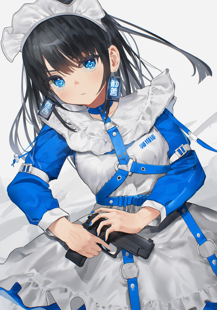 1girl absurdres apron black_hair blue_dress blue_eyes blue_nails closed_mouth cowboy_shot dress earrings gun handgun harness heart heart-shaped_pupils heart_ring highres holding holding_gun holding_weapon jewelry long_hair long_sleeves looking_at_viewer maid maid_headdress mashiro_kta nail_polish original pistol sig_sauer sig_sauer_p226 simple_background solo symbol-shaped_pupils translation_request trigger_discipline weapon white_apron white_background