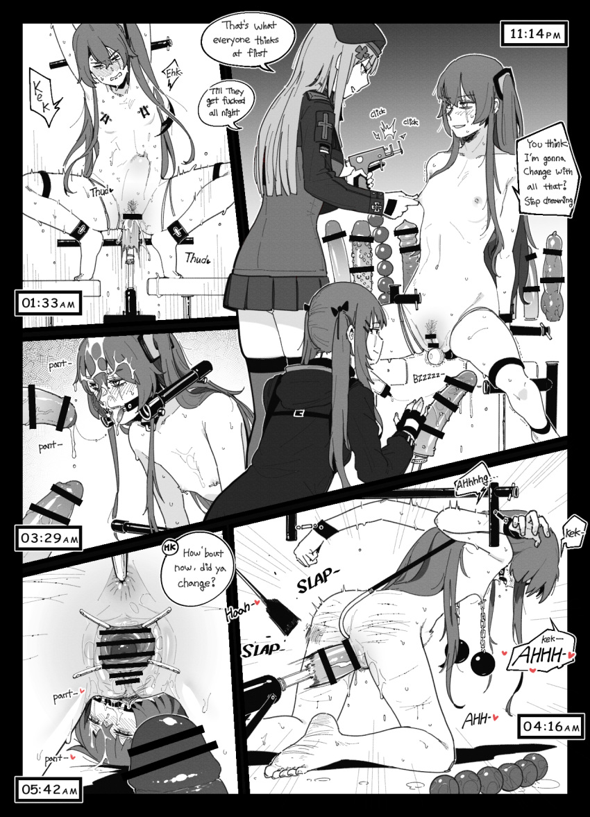 3girls ^^^ all_fours anal_hook anus bar_censor bdsm blush bondage bound bound_wrists censored clenched_teeth closed_mouth cum dildo english_text facial female_pubic_hair forced_orgasm gag girls'_frontline grin heart highres hk416_(girls'_frontline) holding huqu knotted_dildo long_sleeves miniskirt multiple_girls nipple_piercing nipple_weights object_insertion open_mouth piercing pleated_skirt pubic_hair pussy restrained robot scar scar_across_eye sex_machine sex_toy skirt slap_mark slapping smile spiked_dildo spiked_penis squatting stomach_bulge teeth time_lapse timestamp tiptoes twintails ump45_(girls'_frontline) ump9_(girls'_frontline) vaginal vaginal_object_insertion yuri