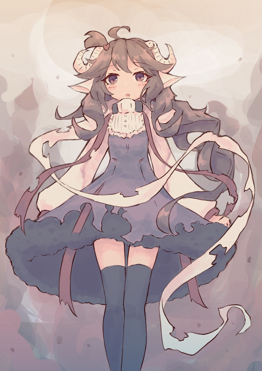 1girl absurdres ahoge animal_ears arknights bangs black_dress black_legwear blush brown_eyes brown_hair commentary dress eyebrows_visible_through_hair eyjafjalla_(arknights) feet_out_of_frame hair_ornament heart heart_hair_ornament highres horns ichi long_hair long_sleeves looking_at_viewer one_side_up parted_lips puffy_long_sleeves puffy_sleeves sheep_ears sheep_girl sheep_horns solo thighhighs torn_clothes torn_dress very_long_hair