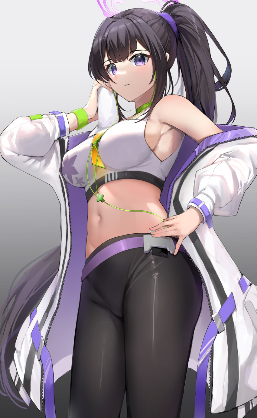 1girl absurdres bad_id bad_pixiv_id bangs black_hair black_pants blue_archive breasts commentary_request crop_top earphones eyebrows_visible_through_hair gradient gradient_background halo hand_on_hip hand_up highres holding holding_towel jacket large_breasts long_hair long_sleeves looking_at_viewer navel off_shoulder open_clothes open_jacket pants parted_lips ponytail purple_eyes sidelocks simple_background solo sports_bra standing stomach sumire_(blue_archive) suzuharu_toufu towel very_long_hair white_jacket white_sports_bra wristband yoga_pants