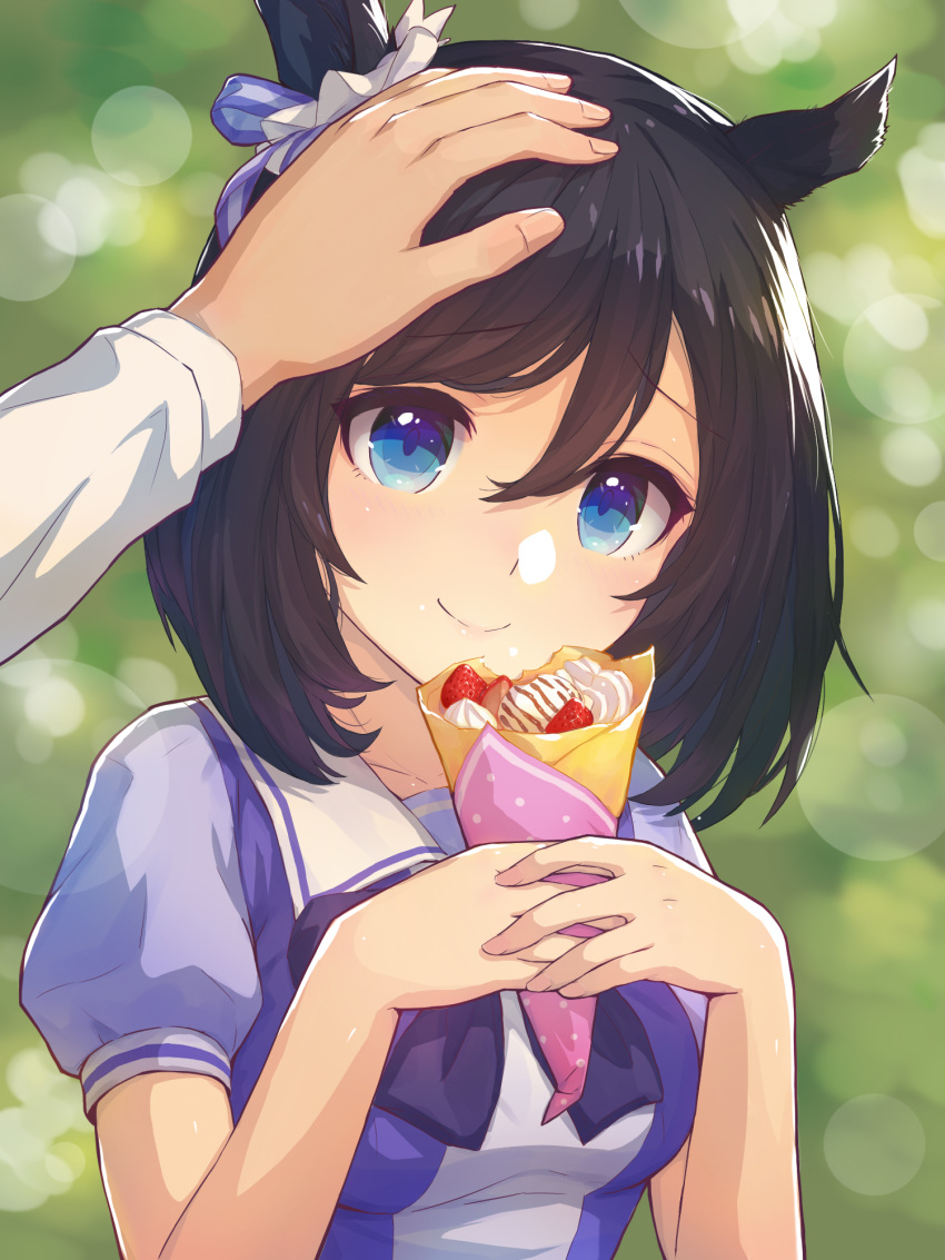 1girl animal_ears bangs black_hair blue_eyes breasts commentary_request crepe eishin_flash_(umamusume) food hair_ornament hair_scrunchie headpat highres holding holding_food horse_ears lens_flare looking_at_viewer medium_breasts medium_hair out_of_frame puffy_short_sleeves puffy_sleeves sailor_collar school_uniform scrunchie short_sleeves smile solo_focus tracen_school_uniform umamusume yako_noir