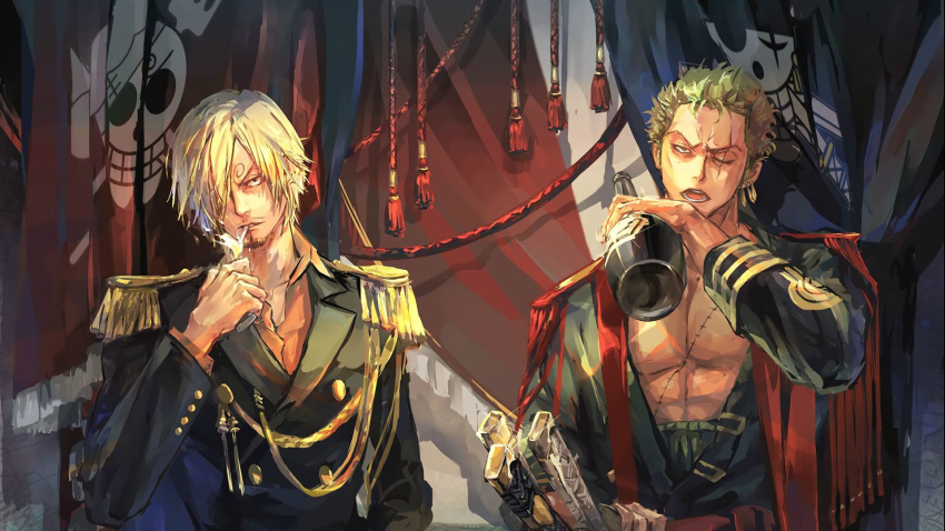 2boys alcohol bangs black_coat blonde_hair bottle cigarette coat collarbone collared_shirt cowboy_shot curtains drinking earrings epaulettes facial_hair fire flag fringe_trim goatee green_hair hair_over_one_eye hand_in_pocket hand_up haramaki highres holding holding_bottle holding_lighter jewelry jolly_roger katana lighter lighting_cigarette liquor long_sleeves looking_at_viewer male_focus military military_uniform mouth_hold multiple_boys one_eye_closed one_piece open_clothes open_coat open_mouth orange_shirt pectorals roronoa_zoro sanji scar scar_across_eye scar_on_chest scar_on_face serious shirt short_hair smoke smoking standing stitched stubble sword sword_hilt teeth uniform weapon zzyzzyy