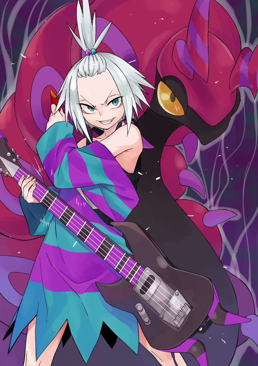 1girl absurdres bass_guitar boots dress forehead freckles green_eyes gujira hair_bobbles hair_ornament highres instrument looking_at_viewer oversized_clothes pokemon pokemon_(creature) pokemon_(game) pokemon_bw2 roxie_(pokemon) scolipede smile standing steam strapless strapless_dress striped striped_dress topknot white_hair