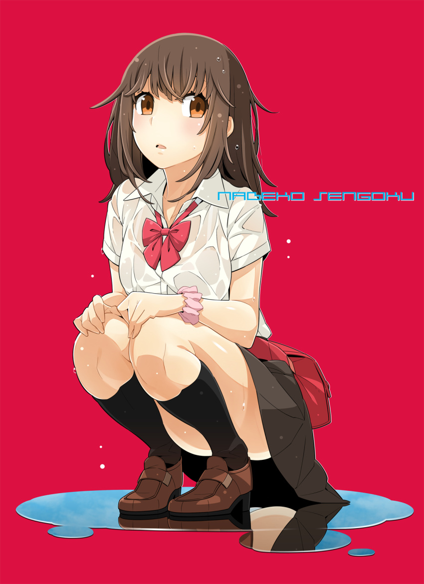 1girl bag bangs black_legwear black_skirt blunt_bangs blush bow bowtie brown_eyes brown_footwear brown_hair character_name clothes_around_waist commentary full_body highres jacket jacket_around_waist kneehighs loafers looking_at_viewer looking_to_the_side medium_hair monogatari_(series) parted_lips pink_scrunchie pleated_skirt puddle red_background red_bow red_bowtie red_jacket reflection reflective_water school_bag school_uniform scrunchie see-through see-through_shirt sengoku_nadeko shirt shoes simple_background skirt solo squatting water water_drop wet wet_clothes wet_shirt white_shirt wrist_scrunchie yamanami_kousuke