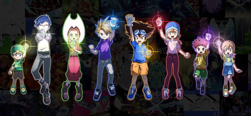 3girls 5boys ankle_boots arm_up bbb_(fabio8552) black_footwear black_pants blonde_hair blue_footwear blue_headwear blue_shirt boots brown_footwear brown_hair brown_shorts clenched_hand digimon digimon_adventure: digivice dress episode_number flipped_hair foot_up full_body glasses gloves goggles goggles_on_head green_headwear green_shorts grey_pants hat highres holding ishida_yamato izumi_koushirou kido_jou multiple_boys multiple_girls open_mouth orange_hair outstretched_arm outstretched_arms pants parted_lips pink_dress purple_shirt serious shirt short_sleeves shorts socks striped striped_shirt tachikawa_mimi takaishi_takeru takenouchi_sora teeth v-shaped_eyebrows vest white_footwear white_gloves white_legwear yagami_hikari yagami_taichi yellow_footwear