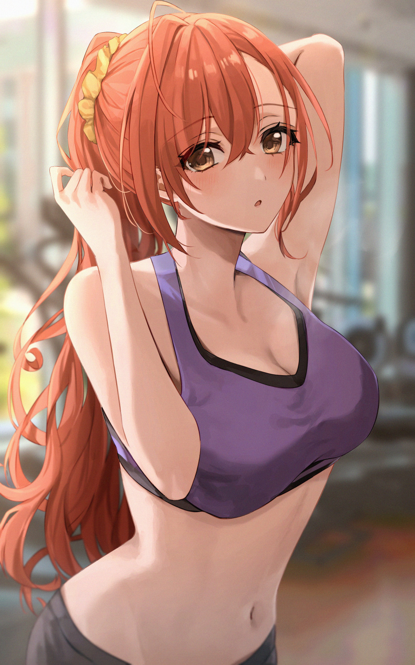 1girl absurdres amyu_(amm_asl_pa) arisugawa_natsuha armpits bangs blurry blurry_background blush bra breasts brown_eyes cleavage collarbone crop_top eyebrows_visible_through_hair groin hair_between_eyes hair_ornament hair_scrunchie highres idolmaster idolmaster_shiny_colors indoors large_breasts long_hair midriff navel open_mouth orange_hair ponytail purple_bra scrunchie shiny shiny_hair solo sports_bra stomach underwear very_long_hair yellow_scrunchie