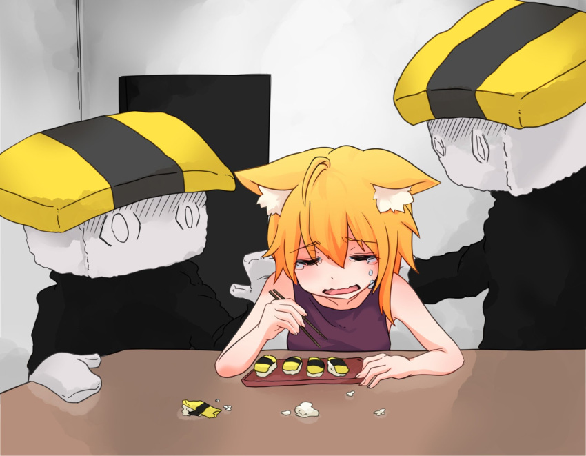 &lt;o&gt;_&lt;o&gt; 1girl 2others alternate_costume animal_ears asymmetrical_hair bangs blank_room_soup blonde_hair brown_tank_top chopsticks closed_eyes commentary_request cookie_(touhou) crying eating eyebrows_visible_through_hair fox_ears fox_girl highres holding holding_chopsticks indoors medium_hair meme miramikaru_riran multiple_others omelet open_mouth plate rice sidelocks table tamagoyaki tank_top upper_body yan_pai