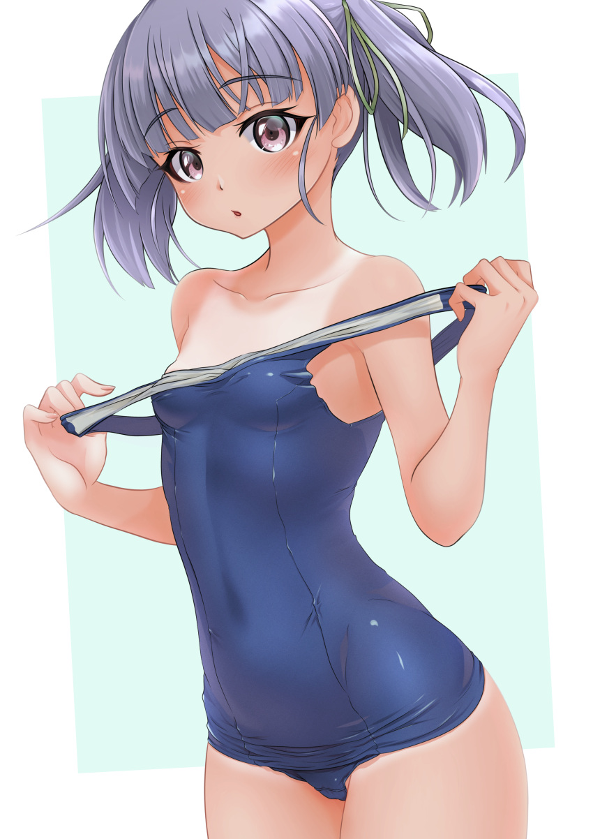 1girl absurdres alternate_costume blue_swimsuit breasts collarbone covered_navel cowboy_shot highres kantai_collection makura_(user_jpmm5733) one-piece_swimsuit one-piece_tan ooshio_(kancolle) purple_eyes purple_hair school_swimsuit short_twintails small_breasts solo swimsuit tan tanlines twintails
