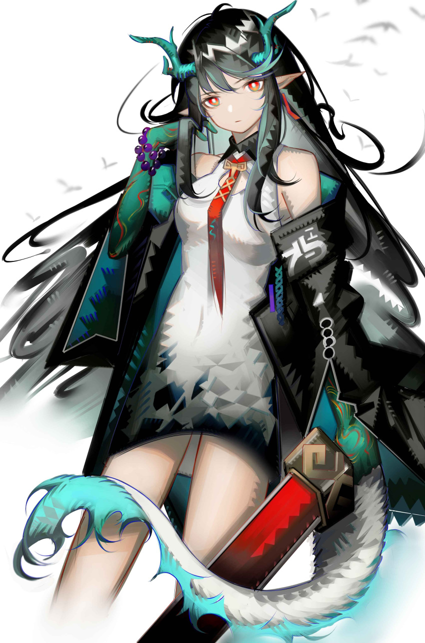 1girl absurdres arknights arm_tattoo bead_bracelet beads bird black_collar black_hair black_jacket bracelet china_dress chinese_clothes chinese_commentary cleavage_cutout clothing_cutout collar colored_skin commentary_request dragon_girl dragon_horns dragon_tail dress dusk_(arknights) from_below green_hair green_skin highres holding holding_sword holding_weapon horns jacket jewelry long_hair looking_at_viewer multicolored_hair necktie off_shoulder open_clothes open_jacket pointy_ears red_eyes red_necktie rin_lingsong simple_background sleeveless sleeveless_dress solo streaked_hair sword tail tail-tip_fire tattoo weapon white_background white_dress